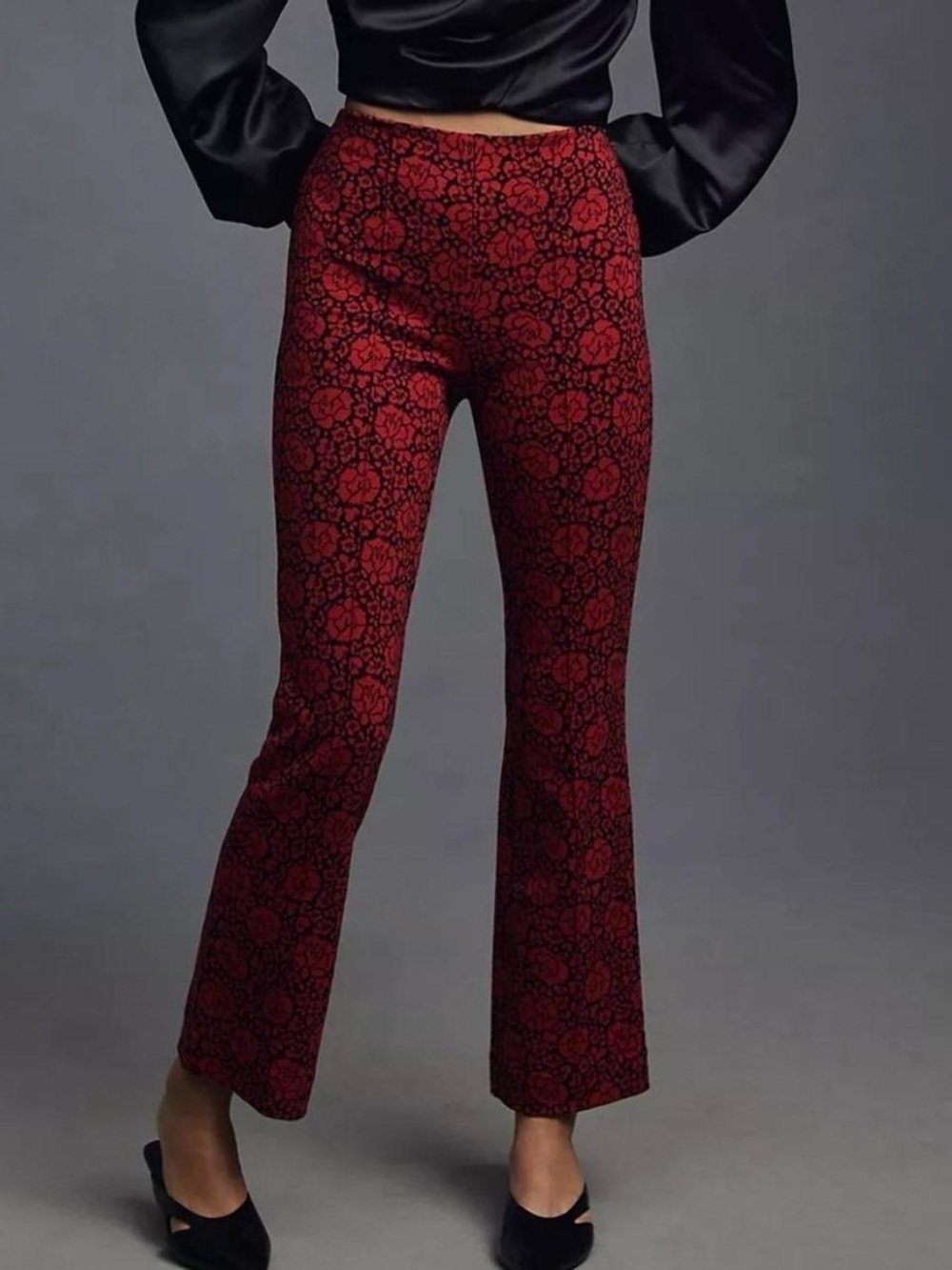 Anthropologie Maeve The Margot Kick-Flare Cropped Pants Red Black Floral Small